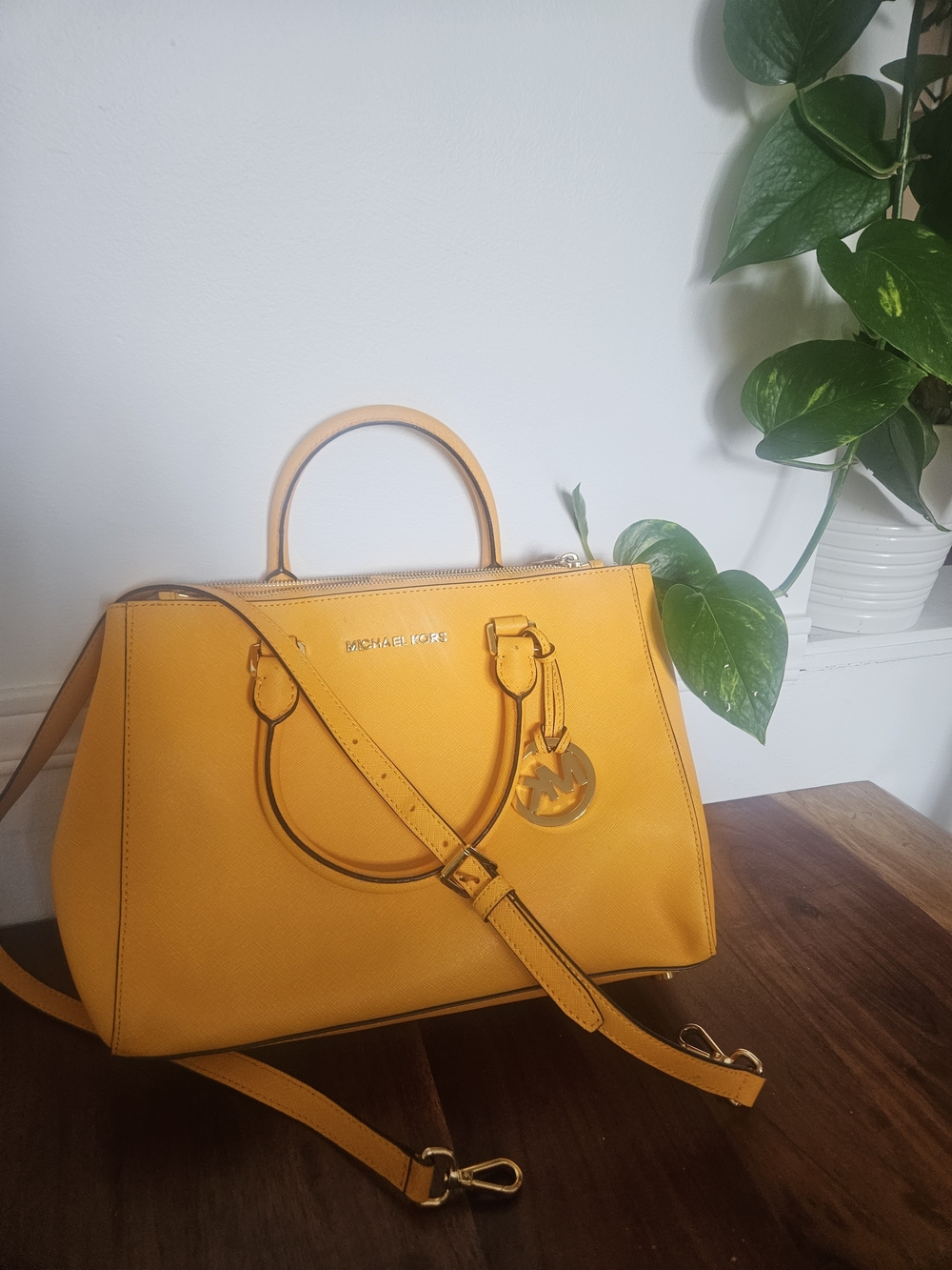 Michael Kors Yellow Saffiano Leather Satchel with Logo Charm